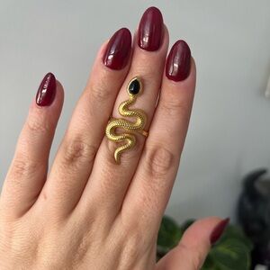 Gold Snake Ring with Black Stone